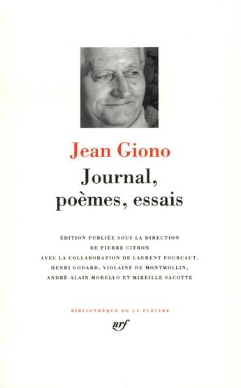 Couverture du livre « Journal, poèmes, essais » de Jean Giono aux éditions Gallimard