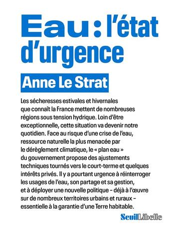 Couverture du livre « Eau : l'état d'urgence » de Anne Le Strat aux éditions Seuil