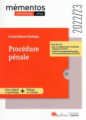 Couverture du livre « Procédure penale (édition 2022/2023) » de Corinne Renault-Brahinsky aux éditions Gualino