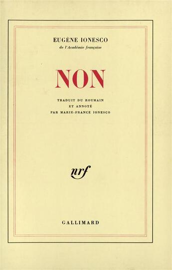 Couverture du livre « Non » de Eugene Ionesco aux éditions Gallimard