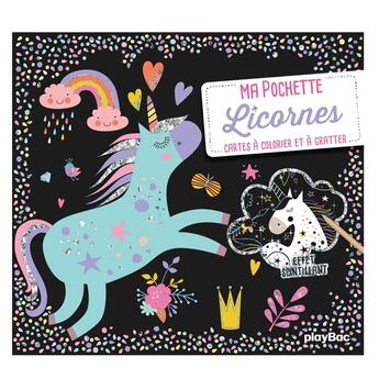 Couverture du livre « Ma pochette licornes - cartes a colorier et a gratter » de  aux éditions Play Bac