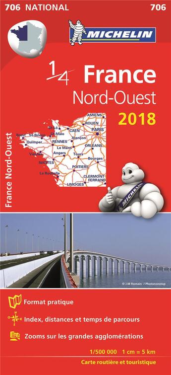 Couverture du livre « Carte nationale 706 france nord-ouest 2018 » de Collectif Michelin aux éditions Michelin