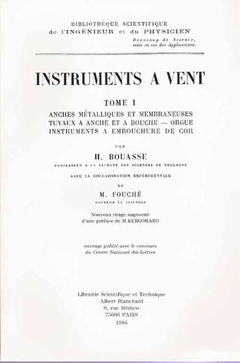 Couverture du livre « Instruments à vent t.1 » de Henri Bouasse et M Fouche aux éditions Blanchard