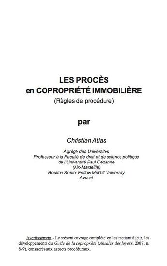 Couverture du livre « Les procès en copropriété immobilière ; règles de procédure » de Christian Atias aux éditions Edilaix