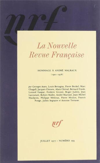 Couverture du livre « Hommage a andre malraux - (1901-1976) » de  aux éditions Gallimard