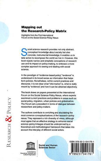 Couverture du livre « Mapping out the research-policy matrix ; highlights from the first international forum on the social sciences policy nexus » de German Solinis aux éditions Unesco