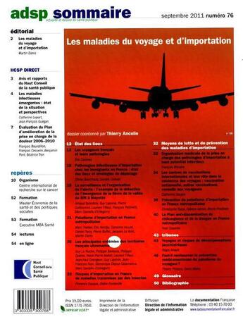 Couverture du livre « ADSP N.76 ; les maladies du voyage et d'importation » de  aux éditions Documentation Francaise