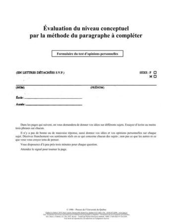 Couverture du livre « Évaluation du niveau conceptuel par la méthode du paragraphe à compléter ; formulaire du test d'opinions personnelles » de Rachel Desrosiers aux éditions Presses De L'universite Du Quebec