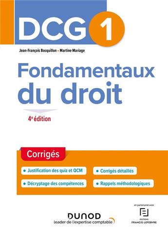 Couverture du livre « DCG 1 : fondamentaux du droit ; corrigés (4e édition) » de Jean-Francois Bocquillon et Martine Mariage aux éditions Dunod