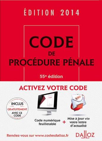 Couverture du livre « Code de procédure pénale (édition 2014) » de  aux éditions Dalloz