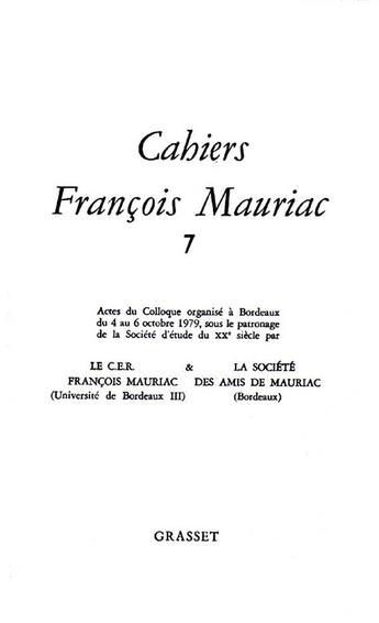 Couverture du livre « Cahiers François Mauriac t.7 » de  aux éditions Grasset Et Fasquelle