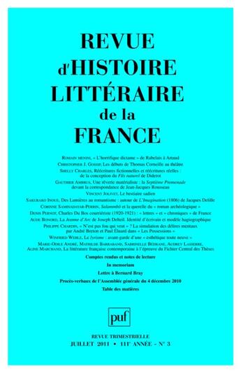 Couverture du livre « REVUE D'HISTOIRE LITTERAIRE DE LA FRANCE n.2011/3 » de Revue D'Histoire Litteraire De La France aux éditions Puf