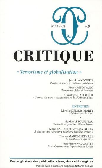 Couverture du livre « Revue critique n.768 ; « terrorisme et globalisation » » de Revue Critique aux éditions Minuit