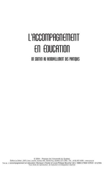 Couverture du livre « L'accompagnement en éducation ; un soutien au renouvellement des pratiques » de Monique L'Hostie et Louis-Philippe Boucher aux éditions Pu De Quebec