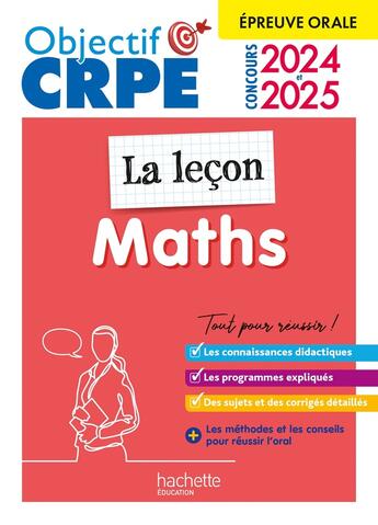 Couverture du livre « Objectif crpe 2024 - 2025 - maths - la lecon - epreuve orale d'admission » de Kermorvant/Servat aux éditions Hachette Education