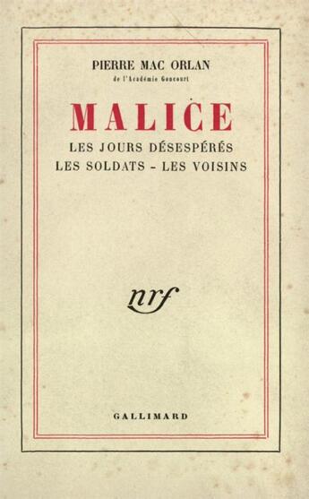 Couverture du livre « Malice » de Pierre Mac Orlan aux éditions Gallimard