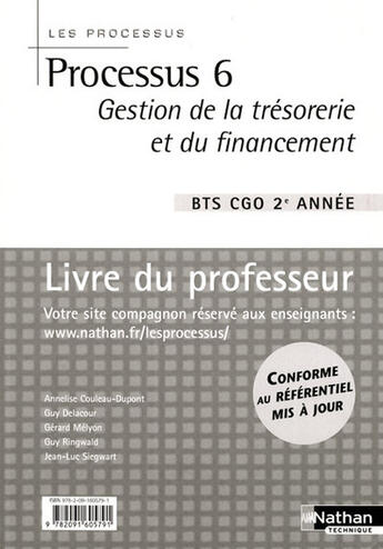 Couverture du livre « Processus 6 bts 2 cgo gestion de la tresorerie et du financement (les processus) professeur » de Couleau-Dupont aux éditions Nathan