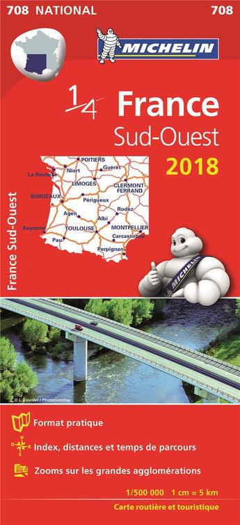 Couverture du livre « Carte nationale 708 france sud-ouest 2018 » de Collectif Michelin aux éditions Michelin