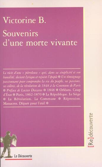 Couverture du livre « Souvenirs d'une morte vivante » de Victorine B aux éditions La Decouverte