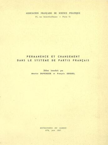 Couverture du livre « Permanence et changement dans le système de partis français » de Maurice Duverger aux éditions Presses De Sciences Po