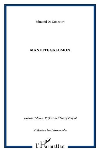 Couverture du livre « Manette salomon » de Edmond De Goncourt aux éditions L'harmattan