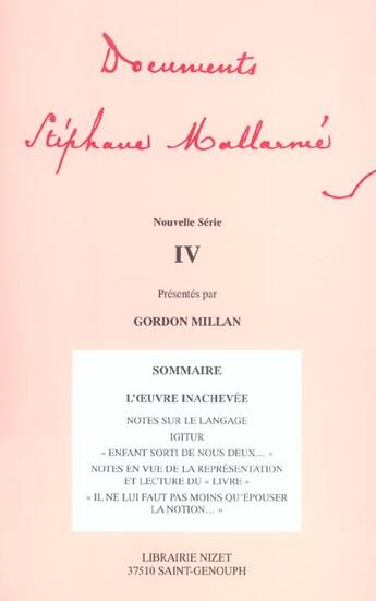 Couverture du livre « Documents Spéphane Mallarmé ; nouvelle série t.4 » de Gordon Millan aux éditions Nizet