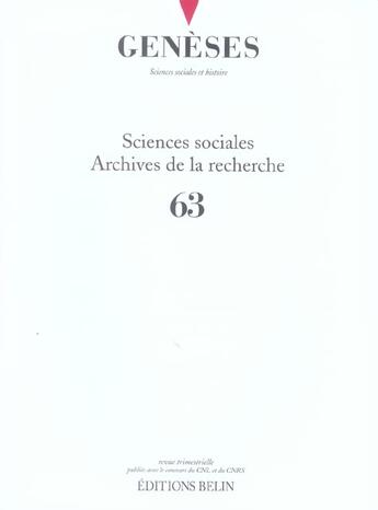 Couverture du livre « REVUE GENESES t.63 ; sciences sociales ; archives de la recherche » de  aux éditions Belin