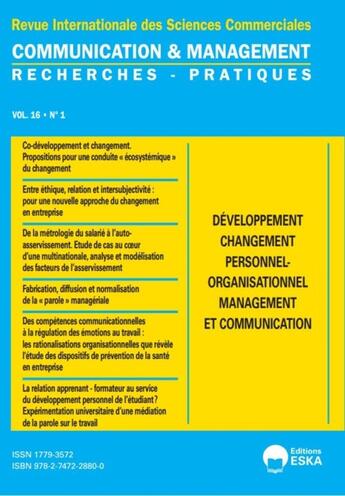 Couverture du livre « Developpement changement personnel-orga.manag&communication-cm 1-2019 - communication & management v » de D.Benoit-E.Leroux-J. aux éditions Eska