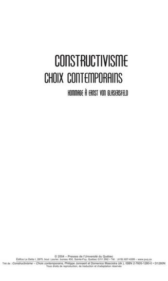 Couverture du livre « Constructivisme ; choix contemporains ; hommage à Ernst von Glasersfeld » de Mascio Jonnaert aux éditions Pu De Quebec