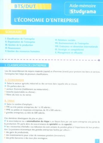 Couverture du livre « BTS/DUT ; l'économie d'entreprise » de  aux éditions Studyrama