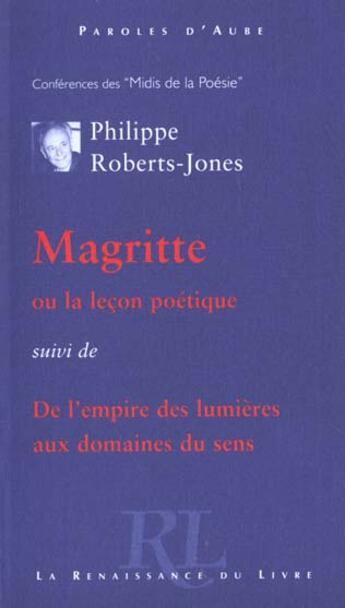 Couverture du livre « Magritte ou la lecon de poesie » de Philippe Roberts-Jones aux éditions Renaissance Du Livre