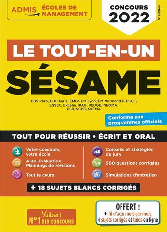 Couverture du livre « Le tout-en-un Sésame : 8 sujets blancs ; écrits et oraux, tutos offerts, concours 2022 » de Anne-Marie Bonnerot et Sophie Mattern et Marie-Laure Boursat et Solenn Briodin et Jean-Dominique Picchiottino aux éditions Vuibert