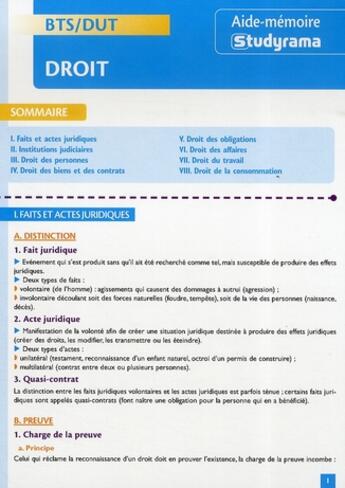 Couverture du livre « BTS/DUT ; droit » de  aux éditions Studyrama