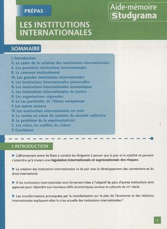 Couverture du livre « Les institutions internationales » de  aux éditions Studyrama