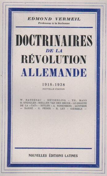 Couverture du livre « Doctrinaires de la révolution allemande 1918-1938 » de Edmond Vermeil aux éditions Nel