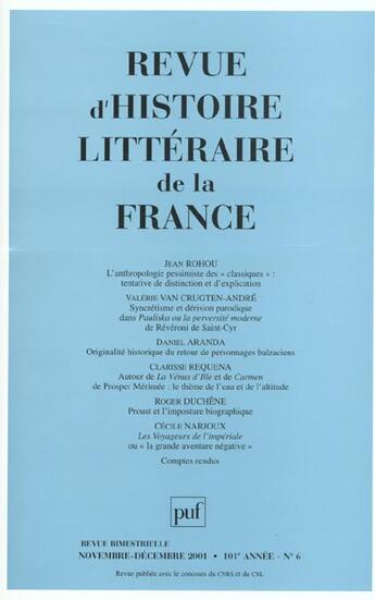 Couverture du livre « REVUE D'HISTOIRE LITTERAIRE DE LA FRANCE n.6 ; revue d'histoire littéraire de la France t.6 » de Revue D'Histoire Litteraire De La France aux éditions Puf