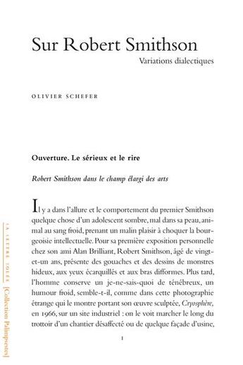 Couverture du livre « Sur Robert Smithson : variations dialectiques » de Olivier Schefer aux éditions Lettre Volee