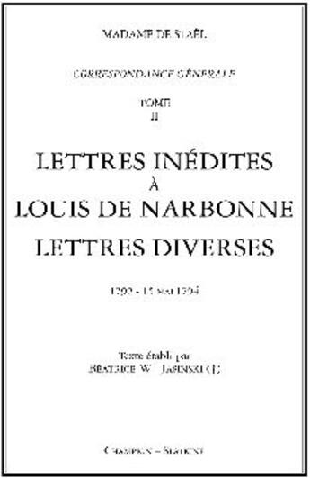 Couverture du livre « Correspondance générale t.2 ; 1792-1794 » de Germaine De Staël-Holstein aux éditions Slatkine