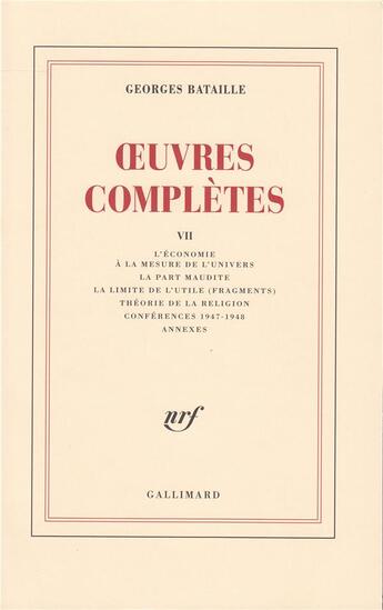 Couverture du livre « Oeuvres complètes t.7 » de Georges Bataille aux éditions Gallimard