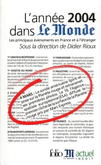 Couverture du livre « L'année 2004 dans Le Monde : les principaux évènements en France et à l'étranger » de Didier Rioux aux éditions Folio