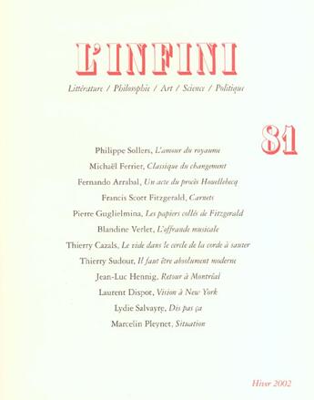 Couverture du livre « Revue L'Infini N.81 » de Collectif Gallimard aux éditions Gallimard