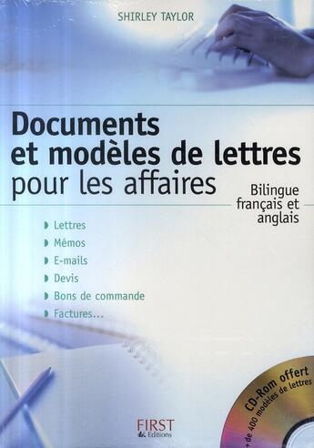 Couverture du livre « Documents et modeles de lettres pour les affaires, bilingue francais/anglais » de Taylor Shirley aux éditions First