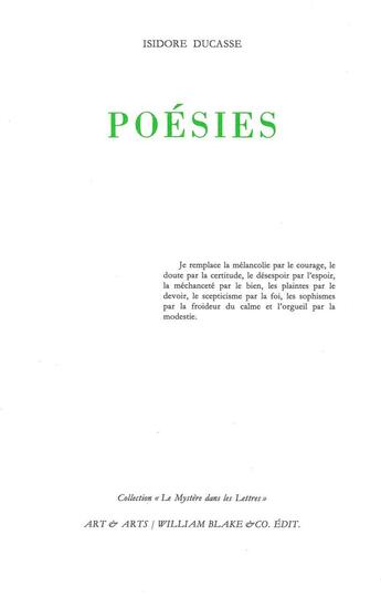 Couverture du livre « Poésies » de Isidore Ducasse aux éditions William Blake & Co