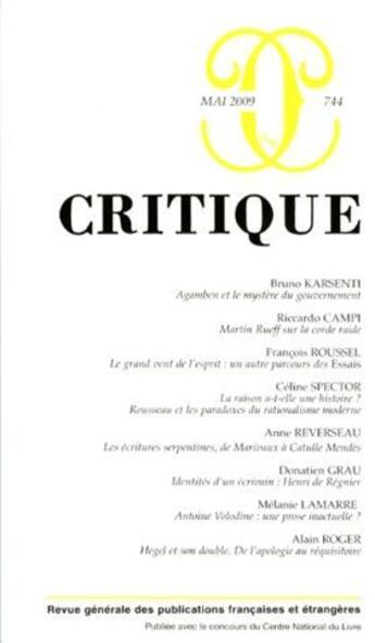 Couverture du livre « Revue Critique n.744 » de Revue Critique aux éditions Minuit