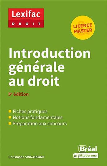 Couverture du livre « Introduction générale au droit » de Christophe Ssinnassamy aux éditions Breal