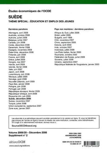 Couverture du livre « Études économiques de l'OCDE ; Suède ; éducation et emploi des jeunes (édition 2008) » de  aux éditions Ocde