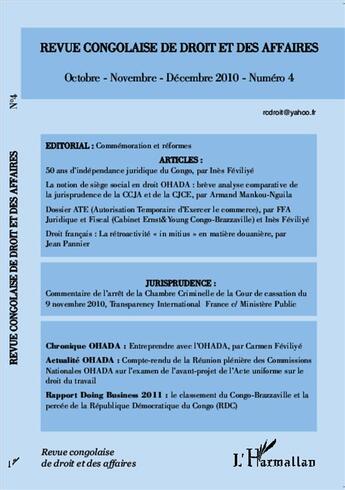 Couverture du livre « REVUE CONGOLAISE DE DROIT ET DES AFFAIRES n.4 : octobre-novembre-décembre 2010 » de Revue Congolaise De Droit Et Des Affaires aux éditions L'harmattan