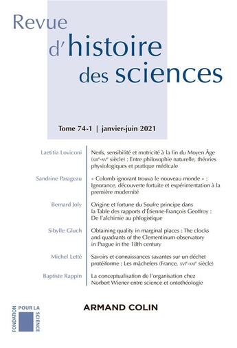 Couverture du livre « Revue d'histoire des sciences 1/2021 varia » de  aux éditions Armand Colin