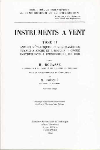 Couverture du livre « Instruments a vent t.2 » de Henri Bouasse et M Fouche aux éditions Blanchard