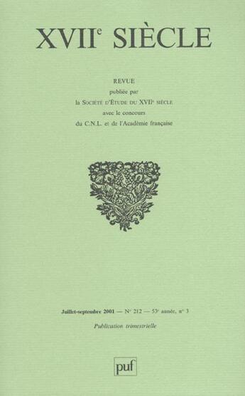 Couverture du livre « Revue du dix septieme siecle n 212 2001 » de  aux éditions Puf